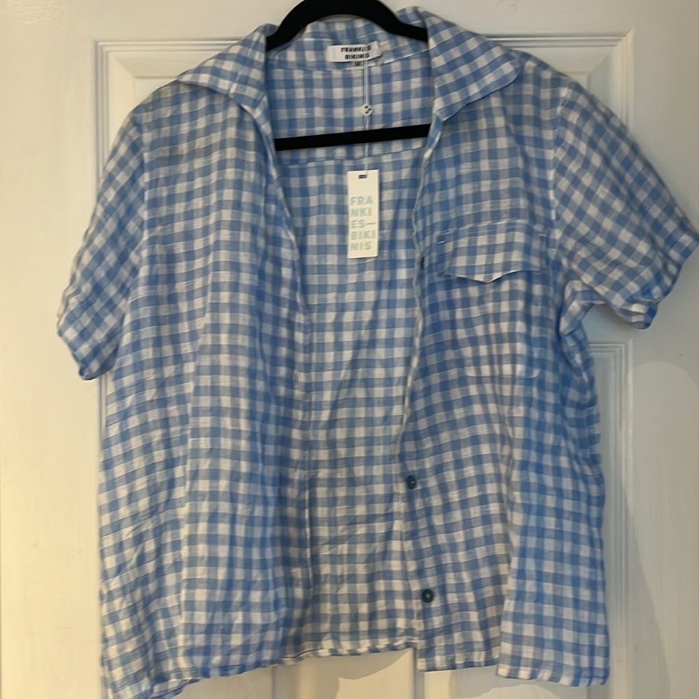 Frankies Bikinis Linen Lou Blue Plaid Button Up Top sz M - Picture 2 of 3